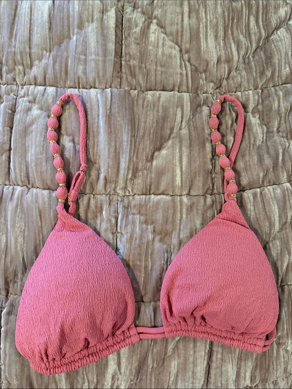 VIX Pink Textured selma Triangle Bralette with Beaded gold Straps